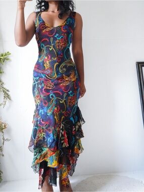 Vintage Y2K Multicolor Paisley Ruffle-Hem Sleeveless Dress